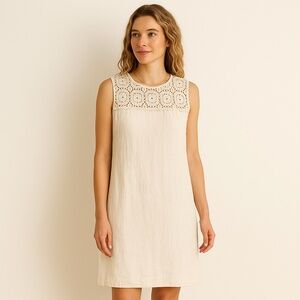 DANA BUCHMAN Cream Linen Crochet Sleeveless Shift Dress Boho Coastal S/M